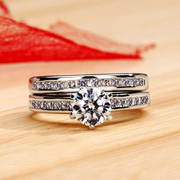 🔥 CZ Jewelry 2Pcs/Set Couples Ring For Women Silver Plated Ring, HA4428-6 - Picture 3 of 5